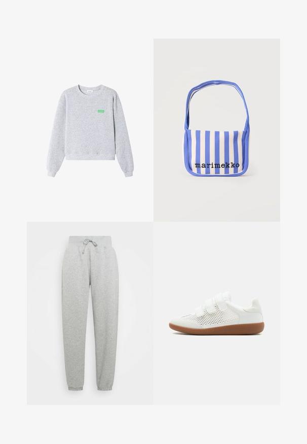 Hellgrauer Sweatshirt mit Rundhalsausschnitt und langen Ärmeln, gerippten Bündchen und Saum sowie kleinem grünen "American Vintage"-Text auf der linken Brust.; Graue Sweatpants mit elastischem Bund, verstellbarem Kordelzug und gerippten Bündchen. Aus weichem Stoff; ausgestattet mit zwei Seitentaschen.; Weißer Sneaker mit drei Klettverschlüssen, Mesh-Seitenteilen, Wildleder-Frontkappe und brauner Gummisohle, seitlich auf weißem Hintergrund dargestellt.; Blau-weiß vertikal gestreifte Stoff-Umhängetasche mit dem in Schwarz auf der Vorderseite eingestickten Schriftzug "marimekko".