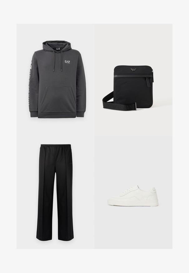 Sudadera con capucha de color gris oscuro, con bolsillo frontal, cordones y logotipos blancos de "EA7 Emporio Armani" en el pecho y en la manga izquierda.; Les Benjamins Pantalones - black; Zapatilla blanca de piel con corte bajo, cierre de cordones, lengüeta trasera texturizada y suela de goma blanca ligeramente estriada sobre un fondo claro y liso.; Bolso de hombro negro cuadrado con cierre de cremallera, bolsillo delantero y correa ajustable con nombre de marca en relieve.