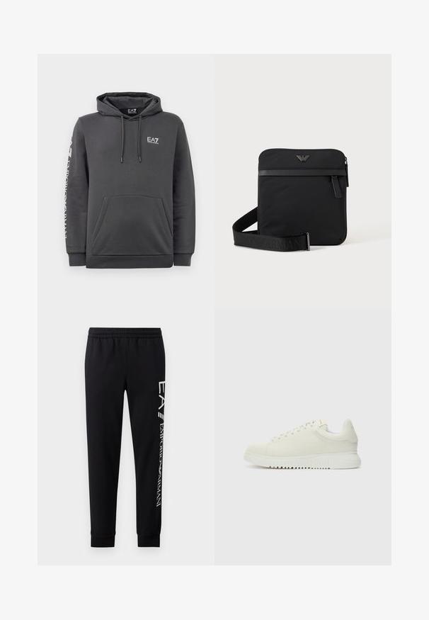 Sudadera con capucha de color gris oscuro, con bolsillo frontal, cordones y logotipos blancos de "EA7 Emporio Armani" en el pecho y en la manga izquierda.; Pantalones de chándal negros hechos de una mezcla de algodón, con una cinturilla elástica, piernas estrechas, puños acanalados y estampado de logo blanco en el lateral.; Zapatilla blanca de cuero con parte superior texturizada, punta redondeada, suela blanca plana y cordones tonales. Marca sutil en la lengüeta.; Bolso de hombro negro cuadrado con cierre de cremallera, bolsillo delantero y correa ajustable con nombre de marca en relieve.