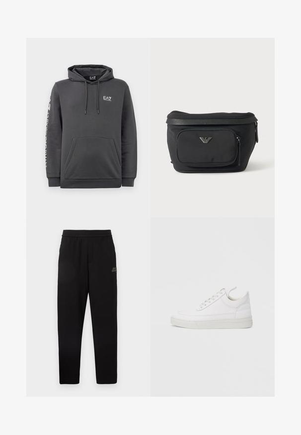 Sudadera con capucha de color gris oscuro, con bolsillo frontal, cordones y logotipos blancos de "EA7 Emporio Armani" en el pecho y en la manga izquierda.; Pantalones de chándal negros ajustados con cinturilla elástica y pequeño logotipo impreso en el muslo izquierdo superior.; Zapatilla blanca de cuero con punta redondeada, suela plana y cierre de cordones. Presenta detalles de costuras y un cuello acolchado para mayor comodidad.; Riñonera negra con bolsillo frontal con cremallera y logo de águila plateado, tela lisa con ribete texturizado y tiradores de cremallera.