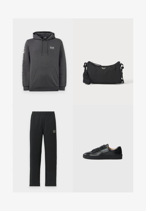 Sudadera con capucha de color gris oscuro, con bolsillo frontal, cordones y logotipos blancos de "EA7 Emporio Armani" en el pecho y en la manga izquierda.; Pantalones de chándal negros de pierna recta con cintura elástica y logotipo negro en el muslo izquierdo superior.; Zapatilla negra de cuero con una textura suave, puntera redonda y cierre de cordones. Presenta una suela de goma gruesa y un detalle de marca mínimo.; Bolso cruzado rectangular negro con emblema del logo de la marca en plata y correa ajustable sobre fondo claro.