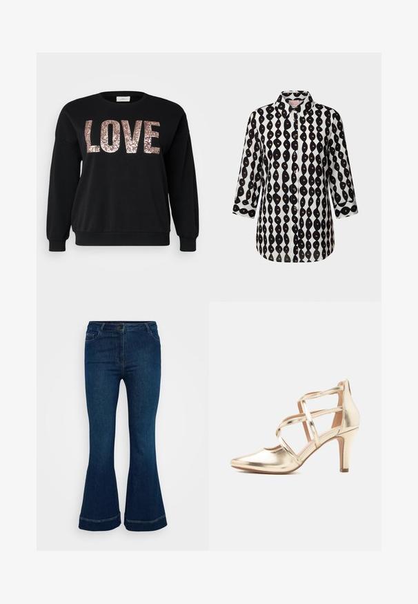 ONLY Carmakoma CARKATYA LOVE O NECK - Sweater - black; Zwart-wit overhemdbloes met driekwart mouwen, voorzien van een golvend verticale streepjespatroon met kleine bruine vierkantjes.; Donkerblauwe uitlopende jeans van denim, met vijf zakken, een knoopsluiting en contrasterende stiksels aan de zoom.; Goudkleurige metallic pump met hoge hak, spitse neus, gekruiste enkelriempjes en ritssluiting aan de achterkant, tegen een witte achtergrond.