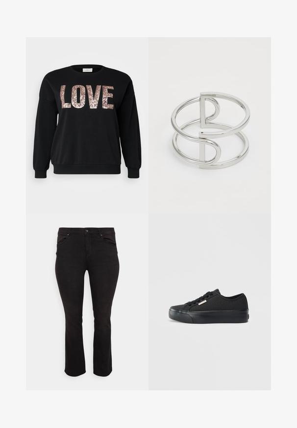 ONLY Carmakoma CARKATYA LOVE O NECK - Sudadera - black; ONLY Carmakoma CARHIRIS PUSH UP - Vaqueros pitillo - washed black; Zapatillas bajas de lona negras con puntera redonda, diseño de cordones, parte superior texturizada y suela de goma que presenta una etiqueta de marca sutil en el costado.; Brazalete de metal plateado con un diseño de doble lazo, acabado liso y brillante, y un acento geométrico minimalista.