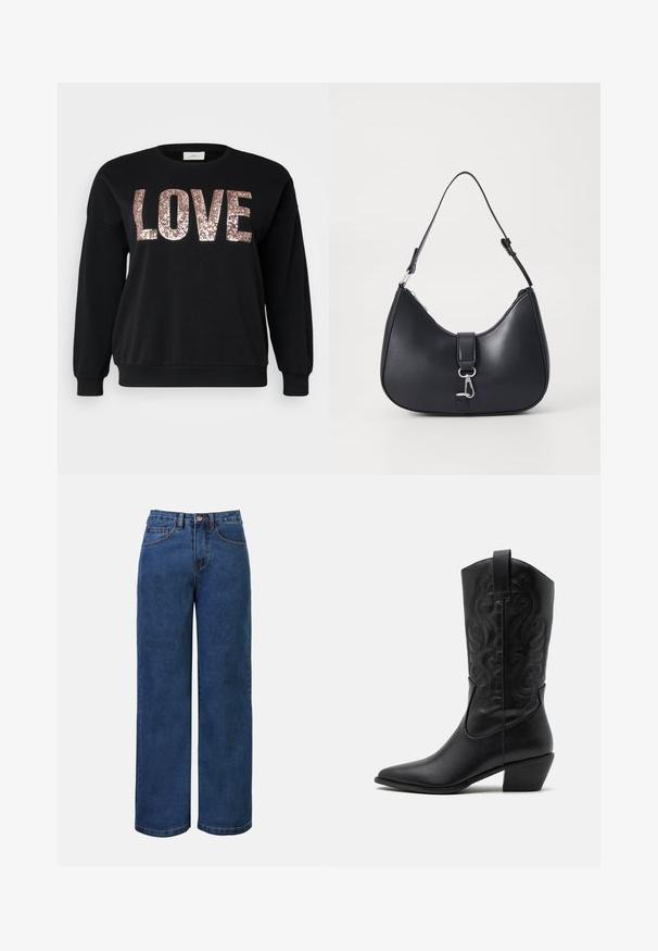 ONLY Carmakoma CARKATYA LOVE O NECK - Sweater - black; Donkerblauwe denim wijde jeans met hoge taille, voorzien van een knoopsluiting, riemlussen en voor- en achterzakken. Glad textuur.; Zwarte leren cowboylaars met een spitse neus, gegraveerde draaiende patronen en een halfhoge hak. Voorzien van een trekhaak voor gemakkelijk aan- en uittrekken.; Pieces PCLIKA SHOULDER BAG - Handtas - black