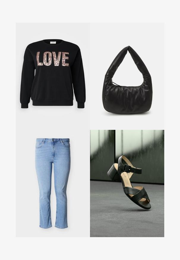 ONLY Carmakoma CARKATYA LOVE O NECK - Collegepaita - black; Vaaleansiniset farkut, joissa on suora leikkaus, viiden taskun malli ja napillinen vyötärön suljenta. Kangas on kulutuspintainen.; Musta nahkainen sandaali, jossa on paksu korko, ristiin kulkevat remmit ja säädettävä solki, lepäämässä teksturoidulla harmaalla pinnalla.; Mustassa nahkassa olkalaukku, jossa on löysä muotoilu, erottuva solmittu kahva ja vetoketjulla suljettava osa. Pintamateriaali on sileä.
