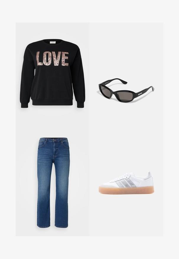 ONLY Carmakoma CARKATYA LOVE O NECK - Sweatshirt - black; Dunkelblaue Jeans aus Denim im Straight-Leg-Design, mit fünf Taschen, Knopf- und Reißverschluss. Glatte Textur mit minimaler Ausbleichung.; Weißer Sneaker in niedrigem Schnitt mit brauner Sohle, seitlichen silbernen Streifenakzenten und Schnürverschluss, dargestellt vor hellem einfarbigem Hintergrund.; Schwarze Sonnenbrille mit rechteckigem Rahmen, dunklen Gläsern, glattem Kunststoffmaterial und einem metallischen Akzent am Bügel.