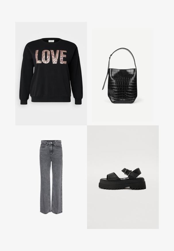 ONLY Carmakoma CARKATYA LOVE O NECK - Sudadera - black; Vaqueros de mezclilla gris de tiro alto y pierna recta, con cierre frontal de botón y cremallera, y diseño clásico de cinco bolsillos.; Sandalias de plataforma negras con punta abierta, correa para el tobillo ajustable y suela texturizada. Hechas de material sintético con un acabado suave.; Bolso tipo saco de piel negra con relieve de cocodrilo, con una sola correa para el hombro y un pequeño logo de la marca en plata en el centro inferior frontal.