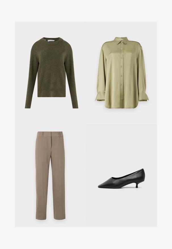 Pull en laine vert olive à manches longues avec col rond et tissu doux texturé, étiquette "Selected Femme" à l'intérieur du col.; Blouse olive en tissu lisse, avec un col, des boutons à l'avant, des manches longues avec des accents de poignet et des détails effilochés.; Pantalon kaki droit avec passants de ceinture et fermeture éclair frontale sur fond blanc.; Escarpin femme en cuir noir à petit talon, bout pointu et petit talon kitten sur fond clair uni.