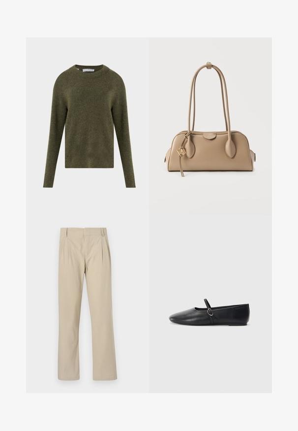 Jersey de lana de manga larga en verde oliva con cuello redondo y tejido suave texturizado, etiquetado "Selected Femme" en el interior del cuello.; Pantalones de pierna ancha beige hechos de una mezcla de algodón; presentan pliegues en la parte frontal, corte recto y presillas para cinturón. Textura suave, sin patrones.; Bailarinas de cuero negro con punta afilada, suela plana y una pequeña correa con detalle de hebilla plateada.; Bolso beige con textura de cuero suave. Forma redondeada, dos asas largas y un detalle de herrajes dorados en el cierre de cremallera.