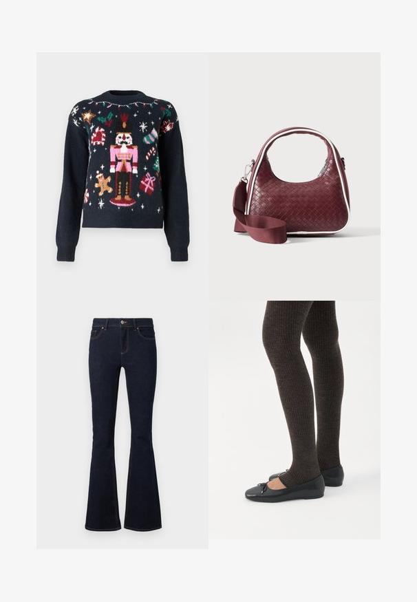 Pull bleu marine présentant des motifs tricotés festifs, y compris un casse-noix, un bonhomme en pain d'épice, des cannes en sucre d'orge et des cadeaux avec des accents multicolores.; Jean évasé bleu marine en denim, avec une taille ajustée, un design classique à cinq poches et des coutures contrastantes le long des coutures.; Jambes portant des leggings côtelés foncés associés à des ballerines noires avec de petits détails en nœud sur fond blanc.; Sac à main en cuir tressé marron foncé avec poignée courbée, garniture blanche, fermeture éclair argentée et bandoulière large en tissu amovible sur fond uni.