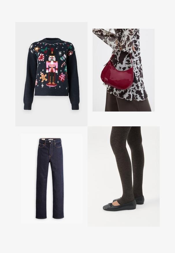 Marineblauwe trui met feestelijke breipatronen, waaronder een muziekkappelle, een peperkoekman, suikerstokken en cadeaus met veelkleurige accenten.; Donkerblauwe straight-leg denim jeans met vijf zakken en zichtbare oranje stiksels op een witte achtergrond.; Benen met donkere geribbelde leggings gecombineerd met zwarte ballerina's met kleine strikdetails op een witte achtergrond.; Vrouw met een zwart-wit gebloemde blouse houdt een glanzende rode schoudertas vast tegen een effen achtergrond.