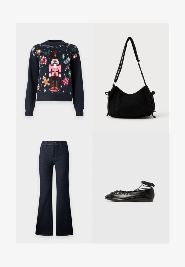 Marineblå sweater med festlige strikkemønstre, herunder en nutcracker, en pepperkagemand, sukkertootter og gaver med farverige accenter.; Mørkeblå højhælede denim jeans med flared ben, frontknap og lynlås samt femlomme-design.; Sorte balletflade sko i laklæder med rundet tå, snørelukning og flad sål. Glat tekstur med få detaljer.; Sort kordfløjls skuldertaske med en buet form, justerbar strop og snorelukninger på begge sider til størrelsejustering.