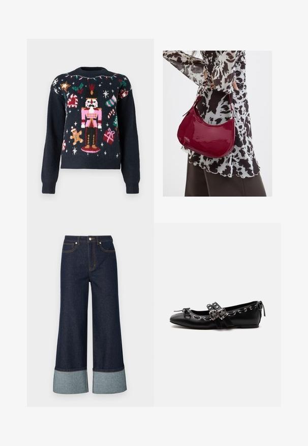 Suéter azul marino con diseños de punto festivos, que incluyen un cascanueces, un hombre de jengibre, bastones de caramelo y regalos con acentos multicolores.; Jeans de pierna ancha fabricados en denim oscuro, con un dobladillo de denim más claro. El diseño incluye bolsillos frontales y detalles de costura en contraste.; Zapato de ballet plano negro con correas de doble hebilla, ojales plateados y un pequeño lazo cerca de la puntera redondeada sobre un fondo blanco.; Mujer con blusa de estampado en blanco y negro sosteniendo un bolso de hombro rojo brillante sobre un fondo liso.