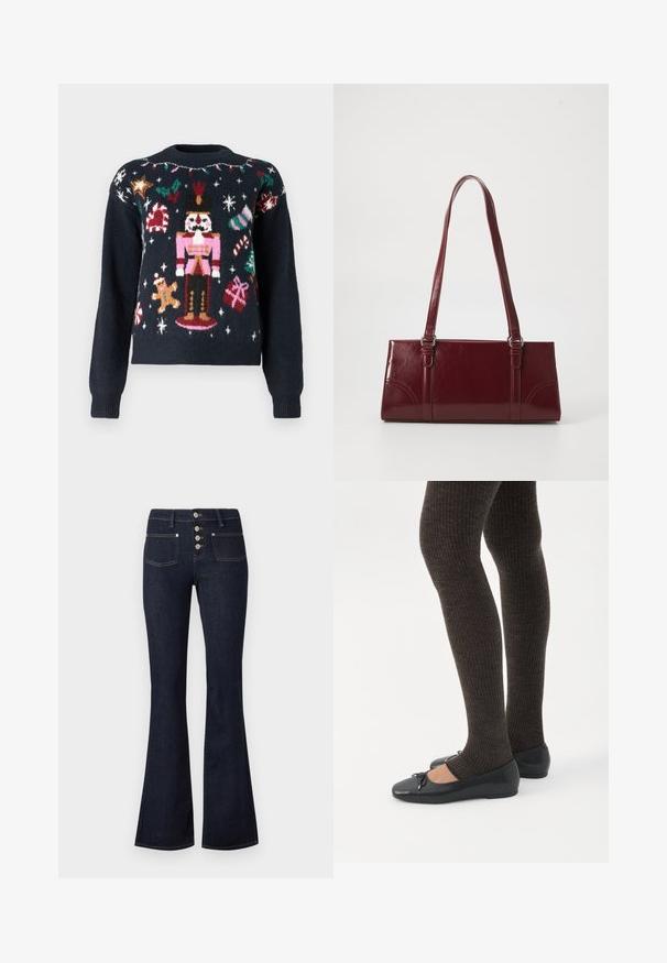 Pull bleu marine présentant des motifs tricotés festifs, y compris un casse-noix, un bonhomme en pain d'épice, des cannes en sucre d'orge et des cadeaux avec des accents multicolores.; Jean évasé taille haute bleu foncé avec fermeture frontale à boutons, deux poches avant et surpiqûres jaunes sur fond clair.; Jambes portant des leggings côtelés foncés associés à des ballerines noires avec de petits détails en nœud sur fond blanc.; Sac à main bordeaux en matériau brillant, de forme rectangulaire, avec deux anses et des accents légèrement courbés à l'avant.