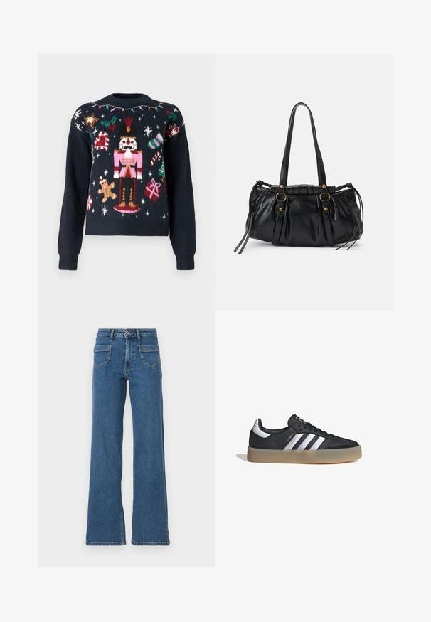 Suéter azul marino con diseños de punto festivos, que incluyen un cascanueces, un hombre de jengibre, bastones de caramelo y regalos con acentos multicolores.; Jeans de denim azul de pierna ancha con cintura alta, cinco bolsillos, cierre frontal con botón y un acabado ligeramente desvanecido. Los dobladillos y costuras cosidos son visibles.; Zapatilla deportiva de cuero negro con tres rayas plateadas, punta texturizada y suela de goma. Cuenta con un collar acolchado y un diseño con cordones.; Bolso de mano de cuero negro con forma redondeada, asas dobles, acentos de hardware decorativo y detalles de lazo en los laterales. Textura lisa y brillante.