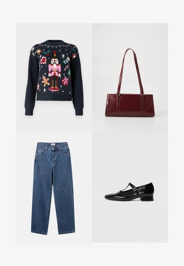 Suéter azul marino con diseños de punto festivos, que incluyen un cascanueces, un hombre de jengibre, bastones de caramelo y regalos con acentos multicolores.; Jeans de mezclilla azul clásico con un diseño de pierna recta, cinco bolsillos y cierre de botón. Presenta un lavado medio y una textura resistente.; Zapatos Mary Jane de cuero negro con punta puntiaguda, tacón pequeño de bloque y correa ajustable con hebilla plateada. Textura lisa y brillante.; Bolso burdeos hecho de material brillante, de forma rectangular, con dos asas para el hombro y sutiles acentos curvados en la parte frontal.