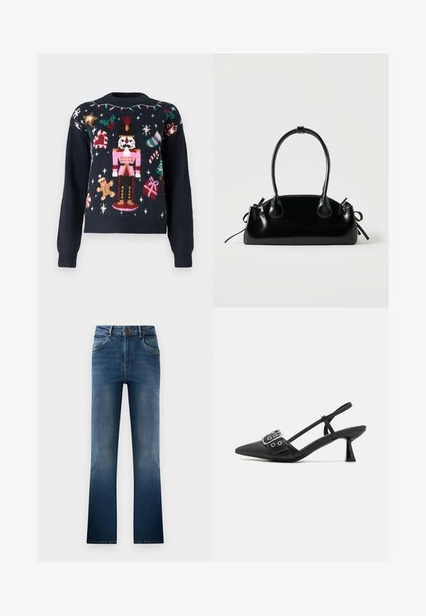 Suéter azul marino con diseños de punto festivos, que incluyen un cascanueces, un hombre de jengibre, bastones de caramelo y regalos con acentos multicolores.; Jeans de mezclilla acampanados en azul oscuro, con un lavado desgastado, cinco bolsillos y pasadores para cinturón. Diseño clásico con cierre delantero de botón.; Simmi London DALA - Tacones - black; Pequeño bolso negro brillante con dos asas largas y detalles de cordón lateral sobre un fondo claro liso.