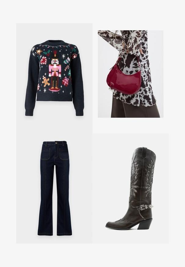 Marineblå sweater med festlige strikkemønstre, herunder en nutcracker, en pepperkagemand, sukkertootter og gaver med farverige accenter.; Mørkeblå, flagrende jeans lavet af denim, med høj talje, to baglommer og synlig syning langs sømmene.; Sort læder cowboystøvle med dekorative udskæringer, sølvspænde og skrå hæl, vist på hvid baggrund.; Kvinde iført en sort- og hvidmønstret bluse, der holder en blank rød skuldertaske mod en ensfarvet baggrund.