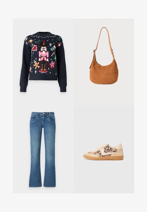 Marineblå sweater med festlige strikkemønstre, herunder en nutcracker, en pepperkagemand, sukkertootter og gaver med farverige accenter.; Lysblå flared jeans lavet af denim, med fem lomme design, kontrast syninger og en knaplukning i taljen.; Leopardprint sneakers med beige ruskindsoverdel, tan gummisål og hvide detaljer. Rund pegefinger og snørebåndsdesign med en tekstureret finish.; Tan ruskinds skuldertaske med buet design, justerbar rem, metallynlås og præget logo-detail på forsiden.