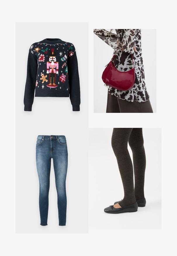 Marineblå sweater med festlige strikkemønstre, herunder en nutcracker, en pepperkagemand, sukkertootter og gaver med farverige accenter.; Slank jeans i mørkeblå denim. Har en mid-rise talje, fem-lomme design og diskret falmning. Nederste kant har en rå kantfinish.; Ben iført mørke ribbede leggings kombineret med sorte balletsko med små sløjfedetaljer på hvid baggrund.; Kvinde iført en sort- og hvidmønstret bluse, der holder en blank rød skuldertaske mod en ensfarvet baggrund.