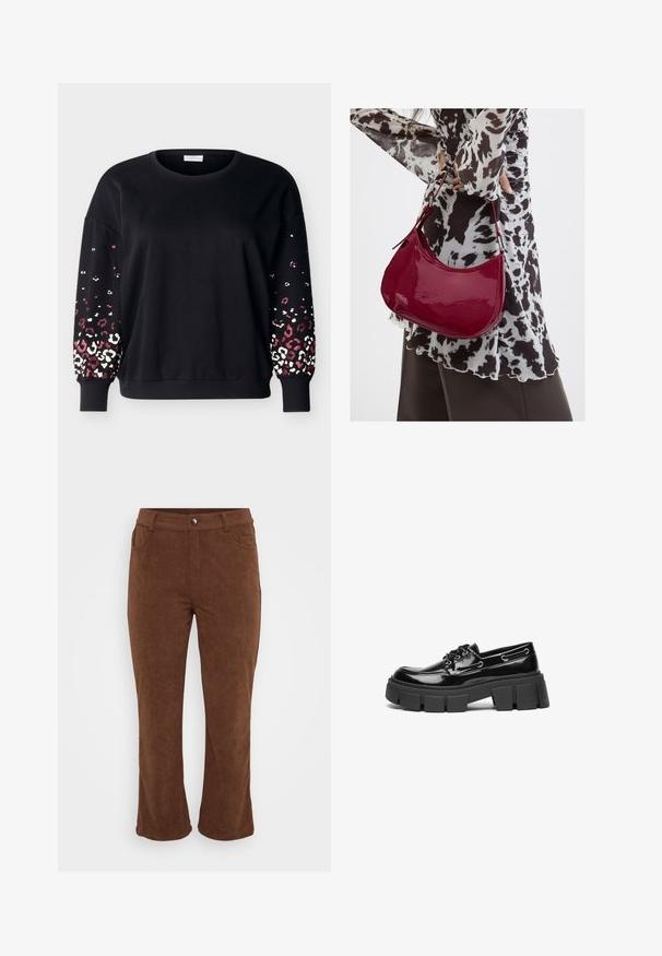 Sort langærmet sweatshirt med rund hals og ribbede manchetter, med lyserødt og hvidt leopardmønster på de nederste ærmer.; Brune fløjlsbukser med lige ben, der har knaplukning foran, to sidelommer og ribbet tekstur.; Sort laker i patenteret læder med en kraftig sort platformsål og dekorative øjer. Glat tekstur med rund tå og snøredetalje.; Kvinde iført en sort- og hvidmønstret bluse, der holder en blank rød skuldertaske mod en ensfarvet baggrund.