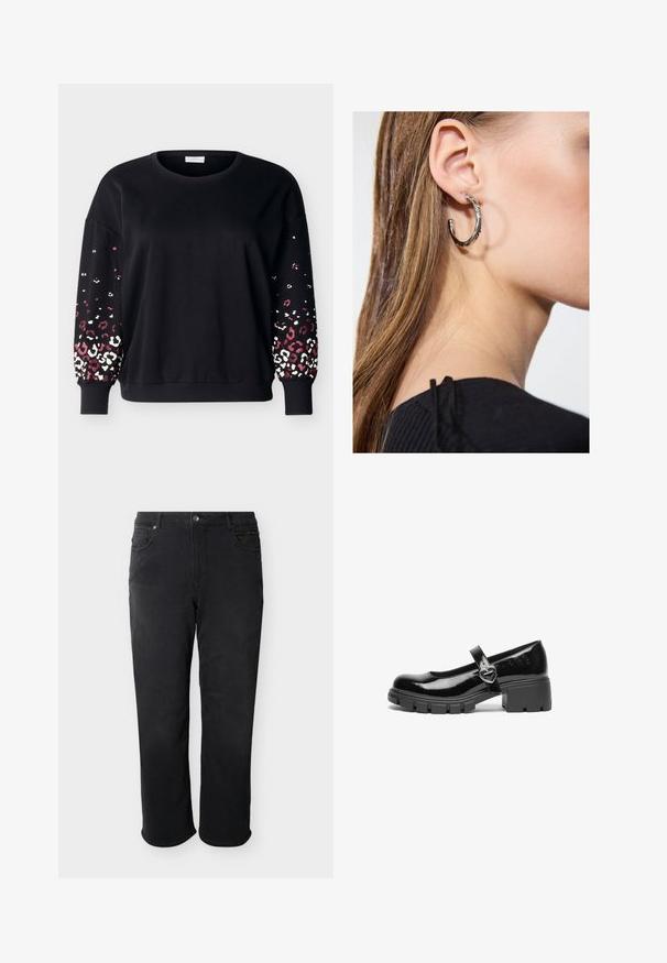 Sort langærmet sweatshirt med rund hals og ribbede manchetter, med lyserødt og hvidt leopardmønster på de nederste ærmer.; Sorte jeans med lige ben, bæltestropper, knaplukning samt for- og baglommer, vist mod en hvid baggrund.; Sort patentlæder Mary Jane sko med en kraftig hæl, rund tå og en rem med detajler i form af en hjerteformet spænde.; Sølv hoop ørestik med en poleret overflade, prydet med små guld accenter og en rund form, båret på øreflippen.