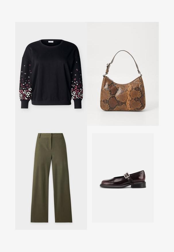 Sort langærmet sweatshirt med rund hals og ribbede manchetter, med lyserødt og hvidt leopardmønster på de nederste ærmer.; Mørk olivengrønne bukser med vide ben, høj talje, bæltestropper og skjult forlukning foran på en ensfarvet lys baggrund.; En enkelt blank mørk burgunder Mary Jane sko med bred rem og sølvspænde, lav blokhæle og rundet tå på hvid baggrund.; Lille håndtaske med brun og sort slangeskinn mønster, kort justerbar rem og lynlåslukning.