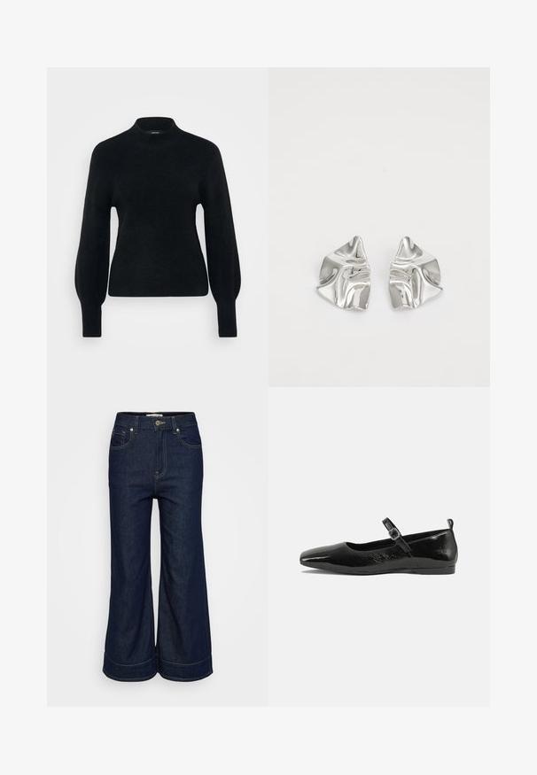 Vero Moda Petite VMPIPPA HIGHNECK - Pullover - black; Jean en denim bleu foncé à jambe large, avec fermeture à bouton et à glissière à l'avant, et design à cinq poches, présenté sur un fond clair.; Chaussure plate en cuir verni noir avec un bout pointu, une sangle de cheville avec boucles, et une texture lisse et brillante. Talon bas pour le confort.; Boucles d'oreilles en métal argenté avec un design ondulé et sculptural, présentant une finition polie et des formes irrégulières, mettant en valeur une esthétique contemporaine.