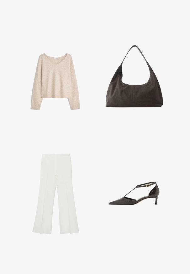 Beige pehmeä neule V-kaula-aukolla, jossa on pitkät hihat sekä resorit hihoissa ja helmassa, esillä valkoista taustaa vasten.; Valkoiset leveälahkeiset housut, joissa on sileä pinta ja selkeät linjat, keski-korkea vyötärö ja ei näkyvää varustusta tai kuvioita.; Musta nahkainen naisten matalakantainen kenkä, jossa on kärjessä terävä muoto ja T-nauha, sekä kultainen solki valkoista taustaa vasten.; Pehmeä tummanruskea nahkainen hobo-laukku, jossa on leveä yksittäinen olkahihna ja hienovarainen keskisauman yksityiskohta valkoista taustaa vasten.