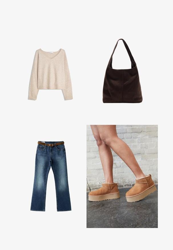 Beige zachte gebreide V-hals trui met lange mouwen en geribbelde manchetten en zoom, weergegeven op een witte achtergrond.; Blauwe jeans met rechte pijpen, licht vervaagd en een bruine leren riem door de riemlussen in de taille op een witte achtergrond.; Bruine suède enkelboots met een zachte voering, dikke beige plateauzool en een achterste lus. Getextureerde oppervlakte met zichtbare stiksels.; Bruine suède schoudertas met een brede, platte handle. Zacht, ongestructureerd ontwerp met een centrale naad. Geen zichtbare hardware of versieringen.