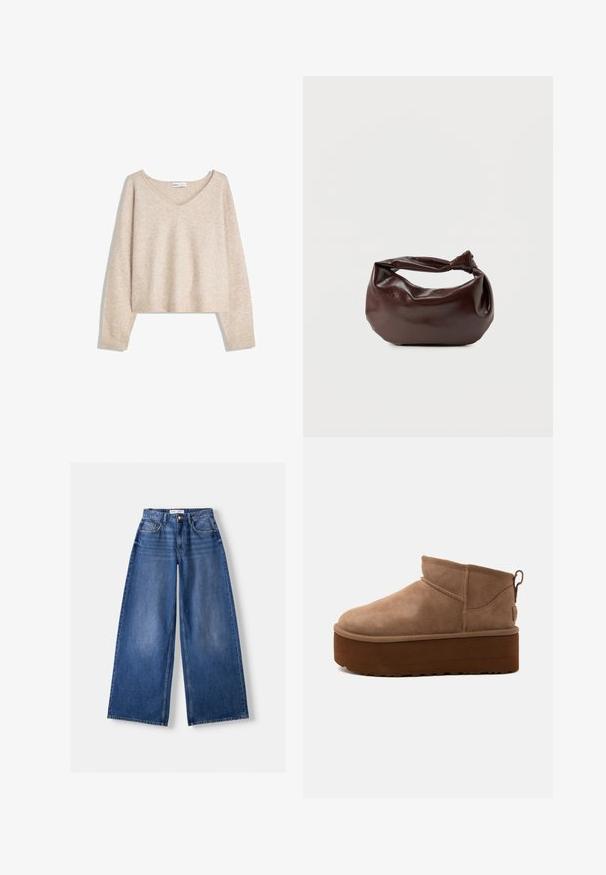 Beige blød strikket V-hals trøje med lange ærmer og ribbede manchetter og kant, vist på en hvid baggrund.; Bredbenet blå denimjeans med forlommer, bæltestropper og knaplukning, lagt fladt på en lys baggrund.; Mellemstore brune ruskind slip-on støvler med tyk platformsål og trækflig bagpå mod lys baggrund.; Mørkebrun læder skuldertaske med en blød, afslappet form og et snoet knudehåndtag på en ensartet hvid baggrund.