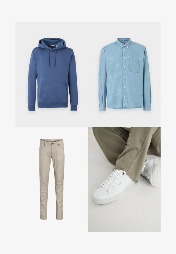 Blauer Baumwoll-Hoodie mit Kordelzugkapuze, vorderer Kängurutasche und gerippten Bündchen. Glatte Textur mit einfachem, einfarbigem Design.; Hellblaues Denim-Langarmhemd mit Knopfkragen, Brusttasche vorne und weißen Knöpfen in der Mitte und an den Manschetten.; Beige Slim-Fit-Hose mit vorderem Knopf und Reißverschluss, Gürtelschlaufen sowie vorne und hinten Taschen, dargestellt auf weißem Hintergrund.; Weiße Leder-Sneaker mit flachen Schnürsenkeln, Logo an der Seite und einer strukturierten Gummisohle, kombiniert mit olivgrünen Hosen mit ausgefransten Säumen.