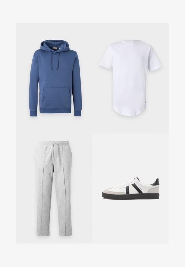 Sudadera con capucha azul de algodón con capucha ajustable, bolsillo canguro frontal y puños acanalados. Textura suave con un diseño sencillo y de color sólido.; Camiseta blanca de manga corta hecha de algodón. Diseño de cuello redondo con dobladillo curvado. Etiqueta visible en el lado inferior izquierdo. Textura suave.; Pantalones de chándal grises con cinturilla ajustable, piernas rectas, costuras laterales y una textura suave. Adecuados para uso casual o ejercicio.; Zapatilla blanca con acentos en negro y gris, que presenta una puntera texturizada en gris, suela de goma negra y cordones planos blancos. Diseño limpio, estilo minimalista.