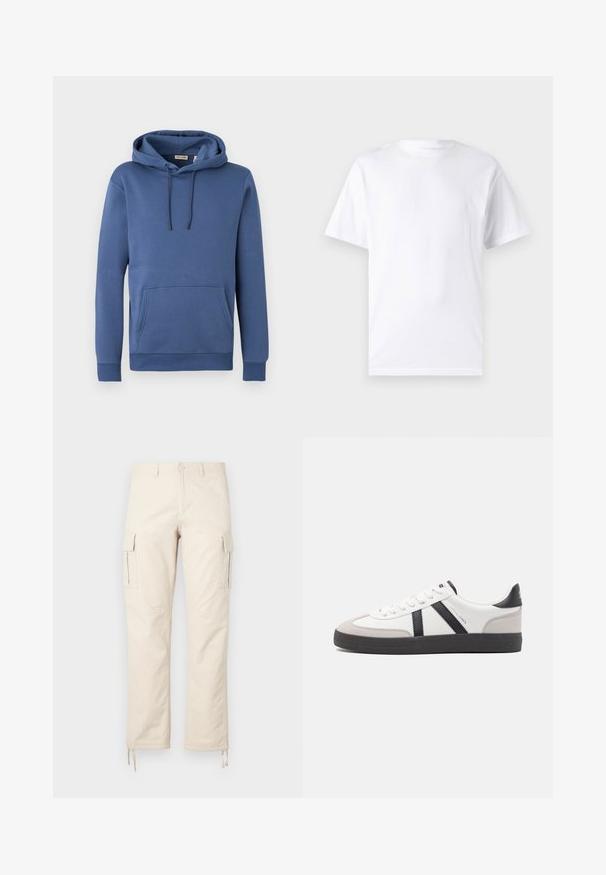 Blauwe katoenen hoodie met een capuchon met trekkoord, een grote voorzak en geribbelde boorden. Soepele textuur met een eenvoudig, effen kleurenontwerp.; Witte T-shirt met korte mouwen, gemaakt van katoen, met een ronde hals. Het heeft een gladde textuur en een eenvoudig ontwerp zonder patronen of accenten.; Beige cargobroek van een katoenen mix. Kenmerken zijn onder andere twee zijzakken, een rechte pijpdesign en verstelbare trekkoorden aan de zoom.; Witte sneaker met zwarte en grijze accenten, voorzien van een grijze neus met textuur, zwarte rubberen zool en platte witte veters. Schoon ontwerp, minimalistische stijl.