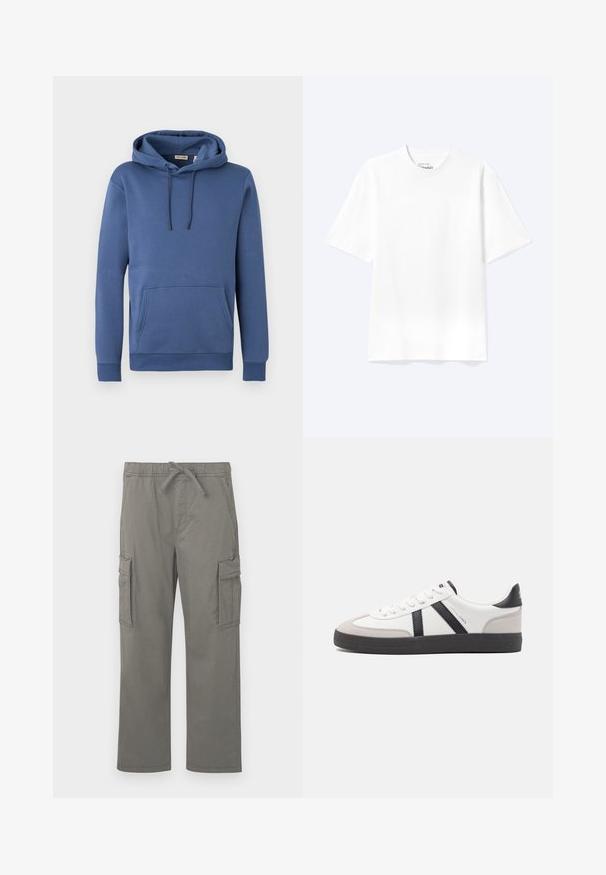 Sudadera con capucha azul de algodón con capucha ajustable, bolsillo canguro frontal y puños acanalados. Textura suave con un diseño sencillo y de color sólido.; Camiseta lisa blanca de manga corta y cuello redondo con un corte relajado, mostrada sobre un fondo claro.; Pantalones cargo rectos grises con cinturilla elástica, cordón, bolsillos laterales con tapa y bolsillos frontales con corte, exhibidos sobre un fondo blanco.; Zapatilla blanca con acentos en negro y gris, que presenta una puntera texturizada en gris, suela de goma negra y cordones planos blancos. Diseño limpio, estilo minimalista.