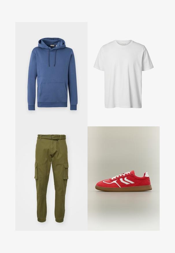 Blauer Baumwoll-Hoodie mit Kordelzugkapuze, vorderer Kängurutasche und gerippten Bündchen. Glatte Textur mit einfachem, einfarbigem Design.; Schlichtes weißes T-Shirt mit kurzen Ärmeln und Rundhalsausschnitt, lässiger Passform und ohne sichtbare Logos oder Designs auf der Vorderseite.; Olivgrüne Cargo-Hose aus Baumwolle mit einem Taillengürtel, seitlichen Taschen, elastischen Bündchen und geradem Bein.; Roter Wildleder-Sneaker mit weißen Akzenten, weißen Schnürsenkeln und brauner Gummisohle, seitlich auf neutralem Hintergrund dargestellt.