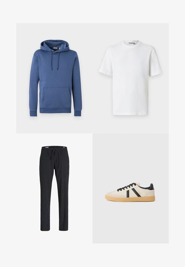 Sudadera con capucha azul de algodón con capucha ajustable, bolsillo canguro frontal y puños acanalados. Textura suave con un diseño sencillo y de color sólido.; Camiseta blanca de manga corta con cuello redondo y tejido de waffle, con una pequeña etiqueta de la marca en el interior del cuello, mostrada sobre un fondo liso.; Pantalones casuales negros con cintura elástica y cordón, corte recto, hechos de tela suave, exhibidos sobre un fondo blanco.; Zapatillas casuales en crema con rayas negras, con parte superior texturizada y suela de goma. Los cordones son negros. Logo sutil en el costado.