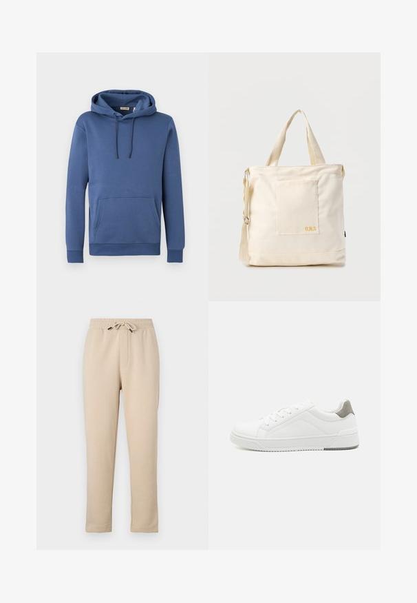Sudadera con capucha azul de algodón con capucha ajustable, bolsillo canguro frontal y puños acanalados. Textura suave con un diseño sencillo y de color sólido.; Pantalones de chándal beige con cintura elástica, cordón ajustable, dos bolsillos laterales y diseño de pierna cónica. Textura suave, estilo casual.; Zapatilla blanca con material de cuero liso, punta redonda, diseño minimalista, acento gris en el talón y suela de goma texturizada.; Bolsa tote de lona color crema con bolsillo delantero, dos asas, correa de hombro ajustable y pequeño texto amarillo "O.N.S" en la parte inferior derecha del bolsillo.