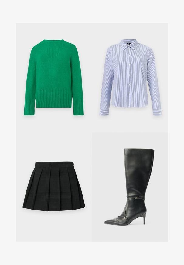 Un pull en tricot vert à manches longues, avec un col rond et un ourlet côtelé, présentant une texture douce et des coutures régulières.; Chemise à manches longues boutonnée, avec des rayures verticales blanches et bleu clair et un col pointu, présentée sur un fond uni.; Jupe plissée noire en tissu texturé. Dispose d'une taille et d'un léger motif écossais tout au long. Longueur courte avec des plis superposés.; Bottes noires en cuir montant jusqu'au genou, avec un talon fin, un bout pointu et des détails de lanière à la cheville. Texture lisse et design ajusté.