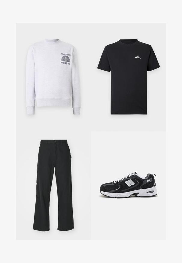 Lys grå sweatshirt i bomuldsblanding, med rund halsudskæring, ribbede mansjetter og kant, samt broderet logo 'Ellesse 1959 Club di Corsa' på brystet.; Sort bomulds-T-shirt med rund hals, korte ærmer og en hvid "OBEY WORLDWIDE"-logo trykt på brystet.; Sorte vidde bukser lavet af letvægtsstof, med knaplukning, forlommer og en glat tekstur.; Sorte og grå sportssko med mesh og ruskind på overdelen, der har en hvid mellemsål, snørebånd og et iøjnefaldende "N" logo på siden.