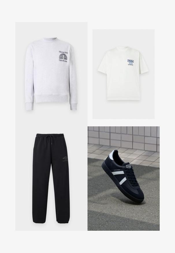 Lys grå sweatshirt i bomuldsblanding, med rund halsudskæring, ribbede mansjetter og kant, samt broderet logo 'Ellesse 1959 Club di Corsa' på brystet.; Hvid t-shirt med korte ærmer med blåt "Replay" logo og teksten "Call 423-9251" på øverste venstre bryst.; Sort afslappede joggingbukser med elastisk linning og manchetter, snøre, sidelommer og et lille Umbro-logo på højre lår.; Sort lædersneaker med hvide striber, tekstureret gummisål og snørrebånd foran. Har et brandet mærke på tungen.