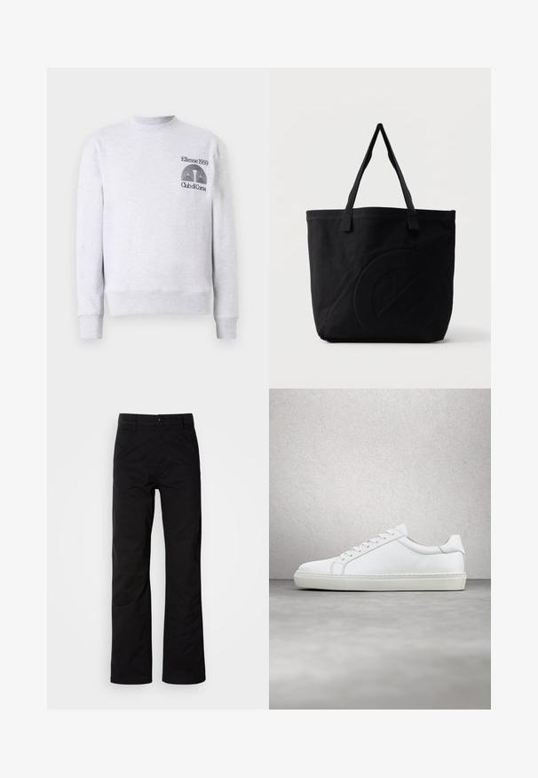 Hellgrauer Sweatshirt aus Baumwollmischung, mit Rundhalsausschnitt, gerippten Bündchen und Saum, sowie gesticktem Logo 'Ellesse 1959 Club di Corsa' auf der Brust.; Schwarze Baumwollhosen mit geradem Bein, ausgestattet mit einem Knopfverschluss und Gürtelschlaufen. Glatte Textur und minimalistischer Stil ohne sichtbare Muster.; Weißer Sneaker mit glattem Lederobermaterial und niedrigem Profil. Verfügt über eine runde Zehenpartie, sechs Ösen und eine strukturierte Gummisohle.; Schwarze Canvas-Shopper-Tasche mit zwei Schulterriemen und einem dezenten, eingeprägten kreisförmigen Design auf der Vorderseite.