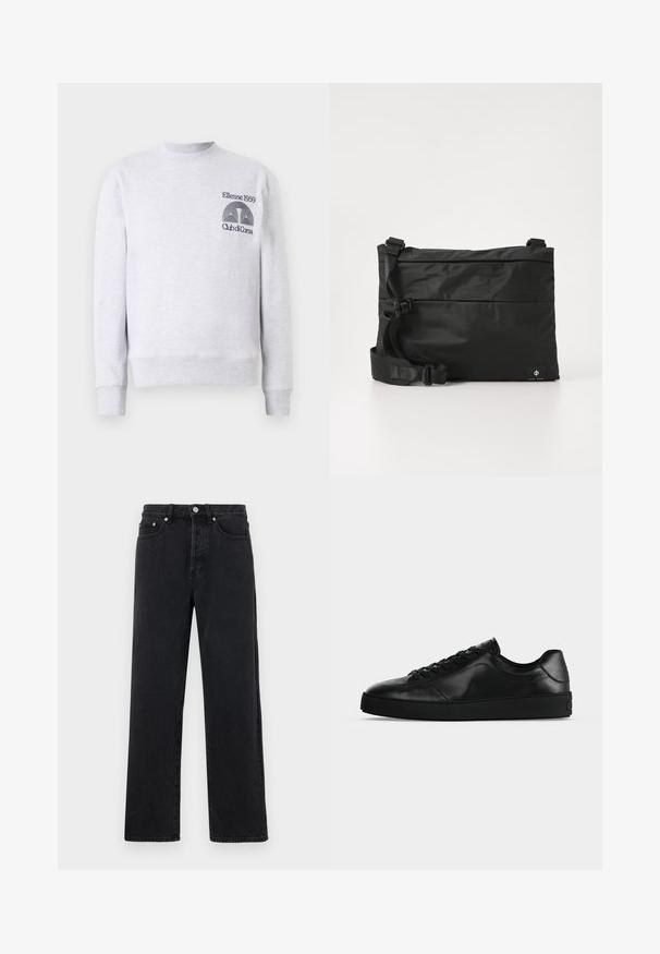 Hellgrauer Sweatshirt aus Baumwollmischung, mit Rundhalsausschnitt, gerippten Bündchen und Saum, sowie gesticktem Logo 'Ellesse 1959 Club di Corsa' auf der Brust.; Schwarze Jeans mit geradem Bein und hohem Bund, fünf Taschen und Metallknopfverschluss. Der Stoff hat eine glatte Textur und einen leichten Glanz.; Niedrig geschnittener schwarzer Ledersneaker mit Schnürung vorne und strukturierter flacher Sohle, seitlich auf neutralem Hintergrund gezeigt.; Schwarze Nylon-Umhängetasche mit verstellbarem Riemen, flachem Design und seitlichem Etikett mit Logo. Glatte Textur und minimalistischer Stil.