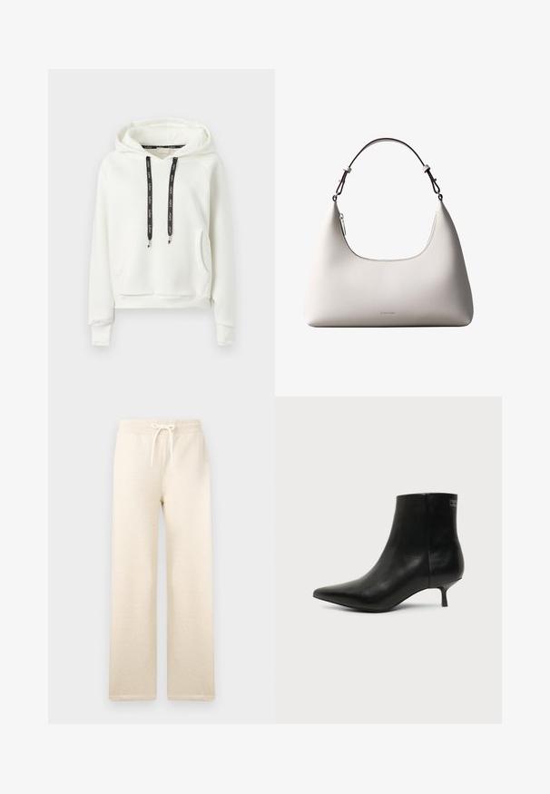 Sudadera con capucha blanca, con un bolsillo tipo canguro en el frente y cordones negros, que presenta texto impreso en blanco.; Pantalones de chándal de color crema, fabricados en una tela suave, con una cinturilla elástica y cordón de ajuste, pernera ancha y sin patrones visibles.; Botín de piel negra con puntera puntiaguda y tacón bajo estilo kitten sobre fondo claro, mostrando vista lateral exterior.; Bolso de hombro de cuero color crema de Calvin Klein con borde superior curvado, cremallera plateada y correa ajustable marrón oscuro.