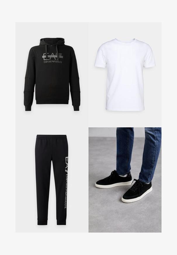 Sudadera negra con capucha que presenta un destacado logo gráfico gris "EA7 Emporio Armani". Fabricada en un tejido suave, con mangas largas y un corte holgado.; Camiseta blanca de manga corta en tejido de algodón con cuello redondo. Diseño simple sin patrones ni acentos. Textura suave.; Pantalones de chándal negros hechos de una mezcla de algodón, con una cinturilla elástica, piernas estrechas, puños acanalados y estampado de logo blanco en el lateral.; Zapatillas de ante negras con suela de goma blanca, que presentan un diseño clásico de corte bajo, puntera redondeada y cordones planos negros.
