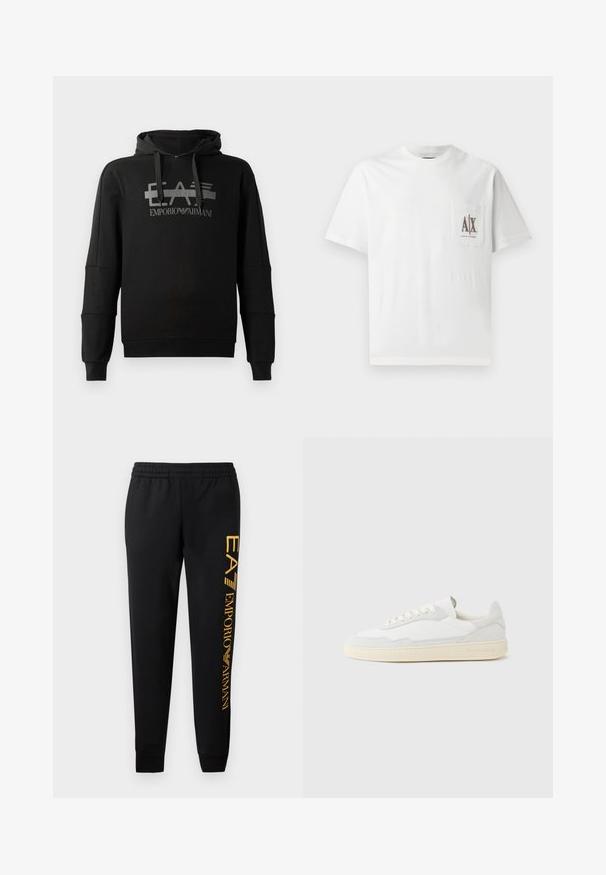 Čierna mikina s kapucňou, ktorá má výrazné šedé grafické logo "EA7 Emporio Armani". Vyrobená z mäkkého materiálu s dlhými rukávmi a voľným strihom.; Biela bavlnená tričko s krátkymi rukávmi, okrúhlym výstrihom a ľavým vreckom na hrudi s vyšitým logom "A|X" v hnedej farbe.; Čierne tepláky s elastickým pásom a manžetami na spodku. Na ľavej strane nohavice sa nachádza vertikálny zlatý potlač loga. Vyrobené z mäkkej tkaniny.; Biela teniska s jemne štruktúrovaným zvrškom zo semišu a kože. Má zaoblenú špičku, viazanie na šnúrky a kontrastnú béžovú gumovú podrážku.