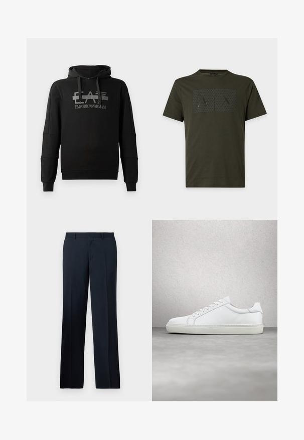 Schwarzer Kapuzenpullover mit einem auffälligen grauen Grafiklogo "EA7 Emporio Armani". Hergestellt aus weichem Stoff, mit langen Ärmeln und einer lockeren Passform.; Dunkelgrünes T-Shirt mit kurzen Ärmeln und einem strukturierten schwarzen rechteckigen Panel mit den Buchstaben A und X auf der Brust.; Schwarze gerade geschnittene Anzughose mit Gürtelschlaufen und einem vorderen Reißverschluss, auf weißem Hintergrund dargestellt.; Weißer Sneaker mit glattem Lederobermaterial und niedrigem Profil. Verfügt über eine runde Zehenpartie, sechs Ösen und eine strukturierte Gummisohle.