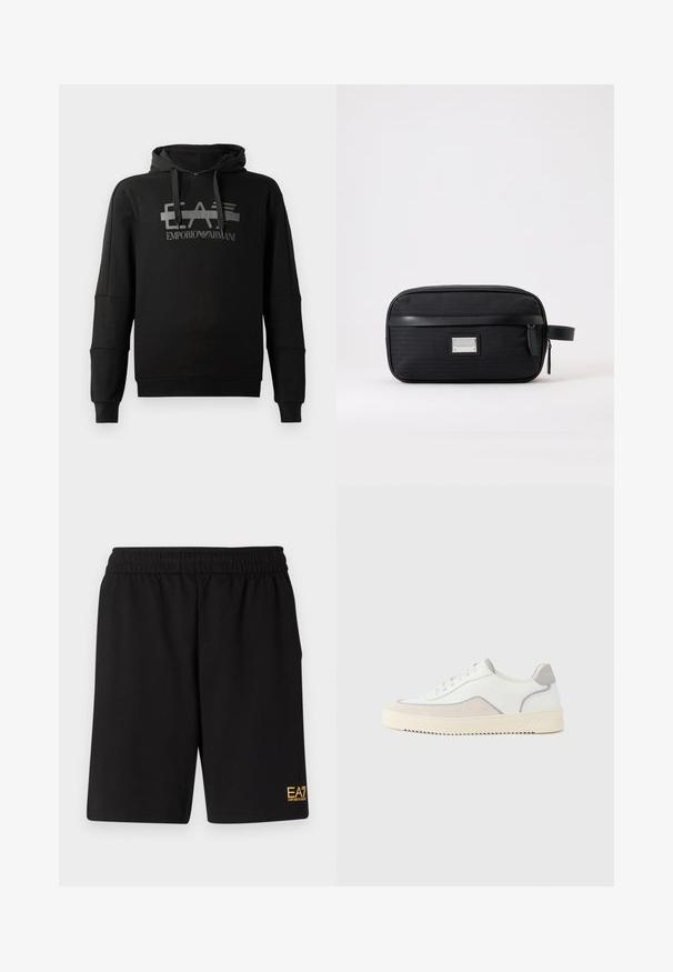 Schwarzer Kapuzenpullover mit einem auffälligen grauen Grafiklogo "EA7 Emporio Armani". Hergestellt aus weichem Stoff, mit langen Ärmeln und einer lockeren Passform.; Schwarze Sportshorts aus weichem Material, mit einem elastischen Bund und einem kleinen gelben EA7-Logo am unteren linken Bein.; Weiße Sneaker mit glattem Lederobermaterial, grauen Wildledereinsätzen, tonaler Naht und einer strukturierten, cremefarbenen Gummisohle. Minimalistisches Design.; Schwarze, rechteckige Kulturtasche mit vorderer Reißverschlusstasche, seitlichem Griff und silbernem rechteckigem Markenlabel auf schlichtem hellem Hintergrund.