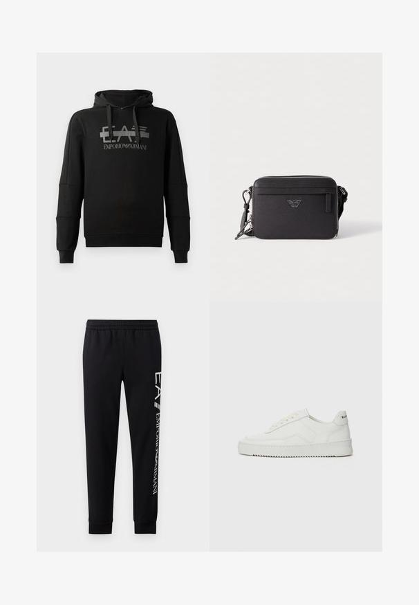 Mustmust, millel on silmatorkav hall graafiklogo "EA7 Emporio Armani". Valmistatud pehmest kangast, pikkade varrukatega ja mugava lõikega.; Mustadest puuvillasegustest dressipükstest, millel on elastne vöökoht, kitsenevad säärte ning ribatsoonidega mansetid ja valge logo trükk külgmisel osal.; Valge nahast tennis, millel on sile põhi, ümar varvas, lamedad nöörid ja tekstuuriline tall. Sisaldab diskreetset logo kontsaribal.; Mustast tekstiilist õlakott lukuga, esitasku, logoga ja reguleeritava rihmaga. Tekstureeritud pind, ristkülikukujuline.