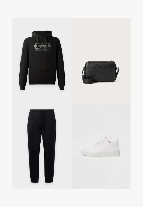 Sudadera negra con capucha que presenta un destacado logo gráfico gris "EA7 Emporio Armani". Fabricada en un tejido suave, con mangas largas y un corte holgado.; Pantalones de chándal negros con cintura ajustable, bolsillos laterales y puños acanalados. Hechos de una tela suave, con un sutil detalle del logo en el muslo.; Zapatilla blanca de cuero con punta redondeada, suela plana y cierre de cordones. Presenta detalles de costuras y un cuello acolchado para mayor comodidad.; Bolso crossbody negro de textura con patrón geométrico en relieve y correa ajustable que presenta el logotipo de la marca.
